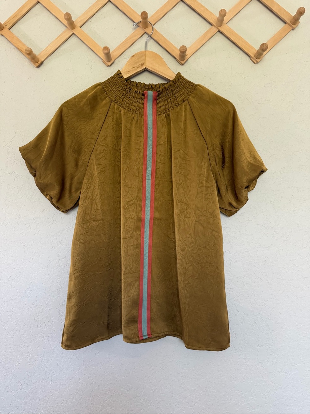 THML Puff Sleeve Faux Silk Smocked/funnel-Neck Mustard Brown Top With Stripe.